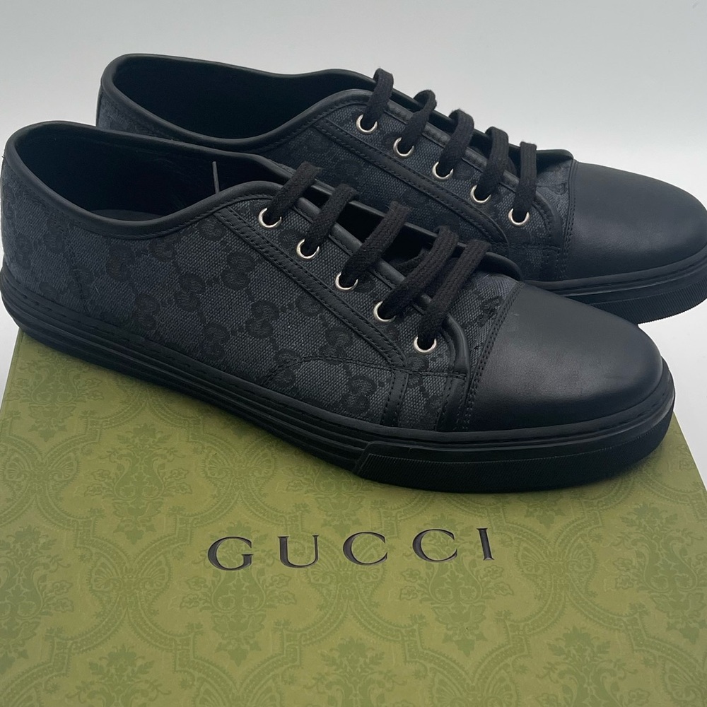 Gucci Size 9.5 Men’s Black Sneakers GG Canvas with Leather Trim